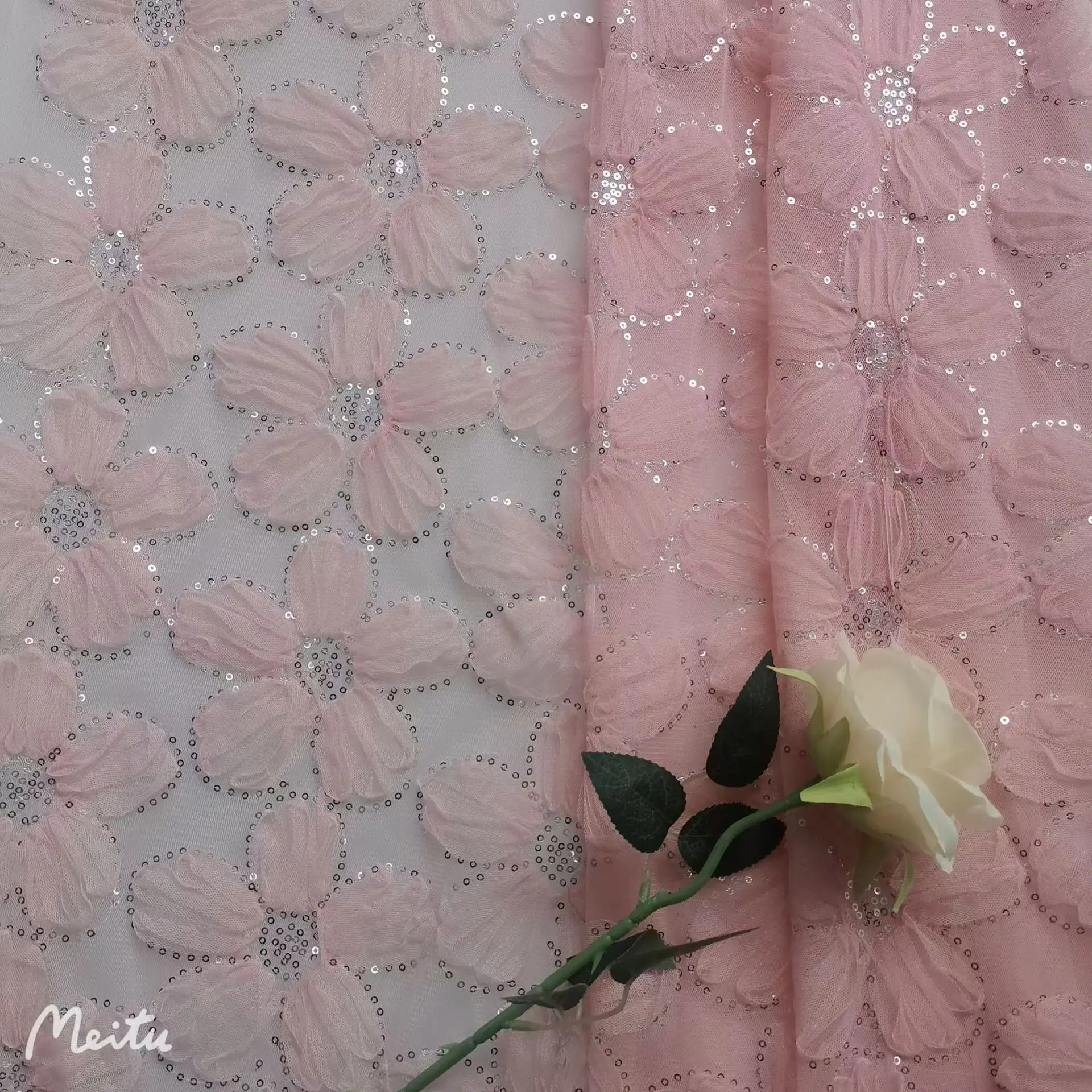 Hot selling multi-color mesh 3 d sunflower hook embroidery sequin wedding dress fabric MF116
