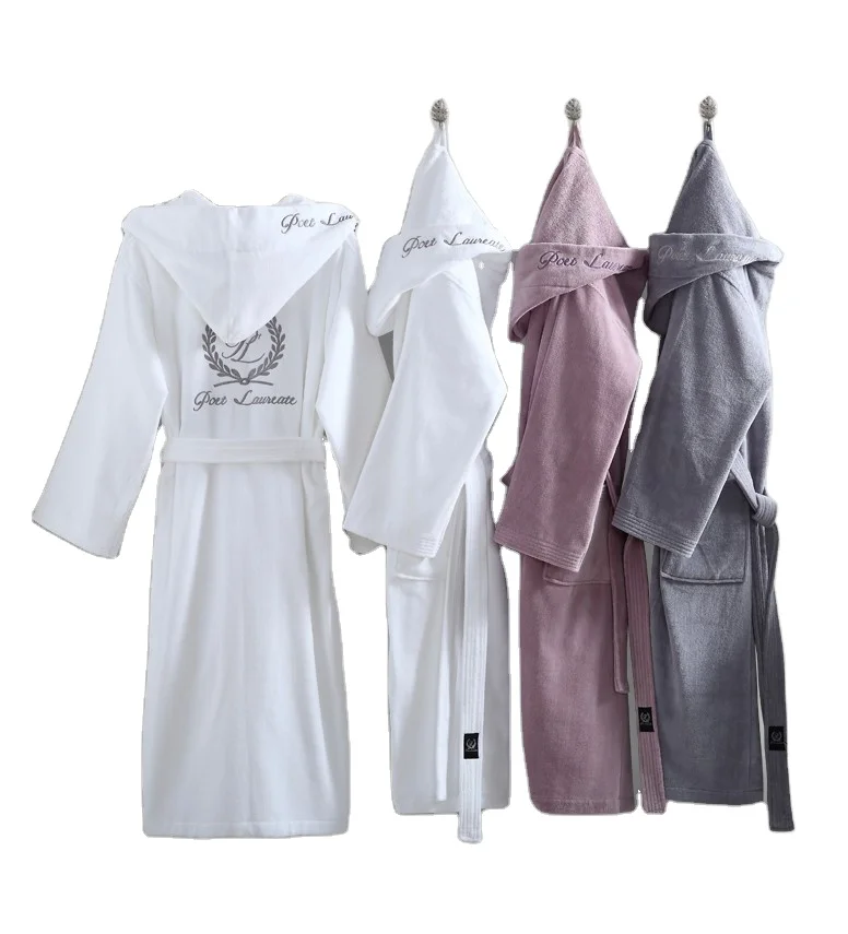 Luxury Cotton Terry Fabric Hooded Bathrobe Custom Embroidered Logo Ankle Length with Pockets for Women Men in Spa Hotel Settings