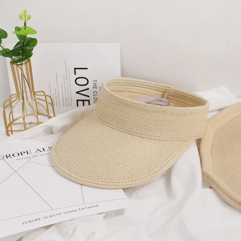 Top open foldable bulk sun paper straw women beach summer hats visor