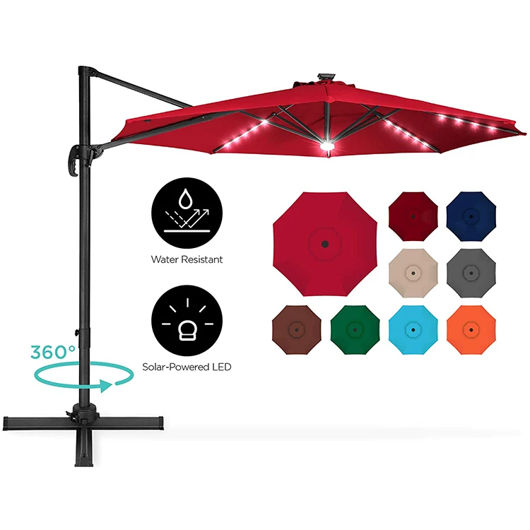 
Garden Umbrella 10 ft Solar LED Patio Cantilever Offset Umbrella with 360 Degree Rotation 
