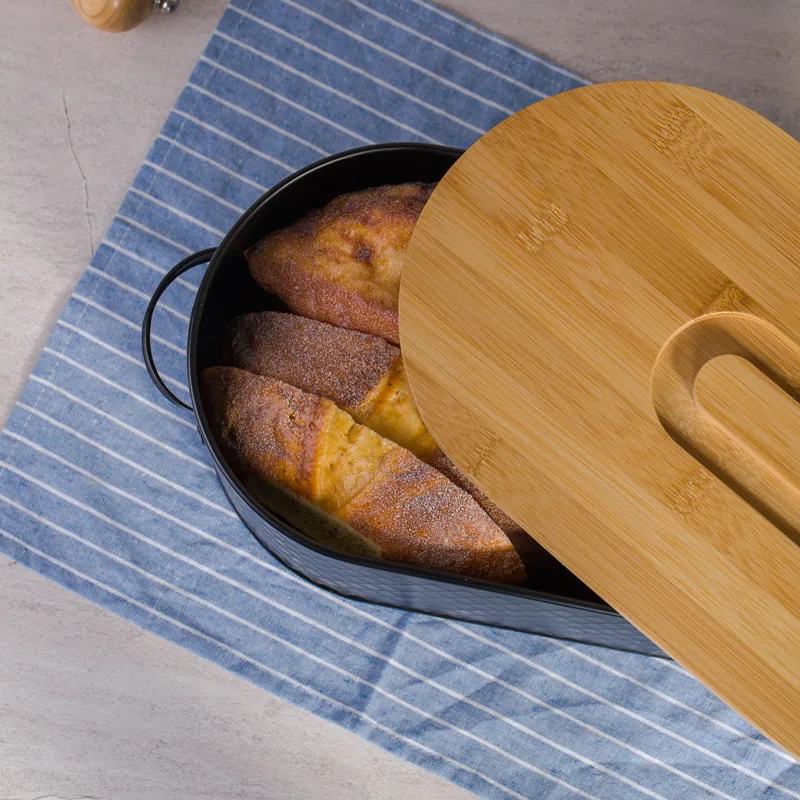 In Stock Wholesale Elliptical Metal Food Container Storage Box Custom Kitchen Bread Box with Bamboo lid