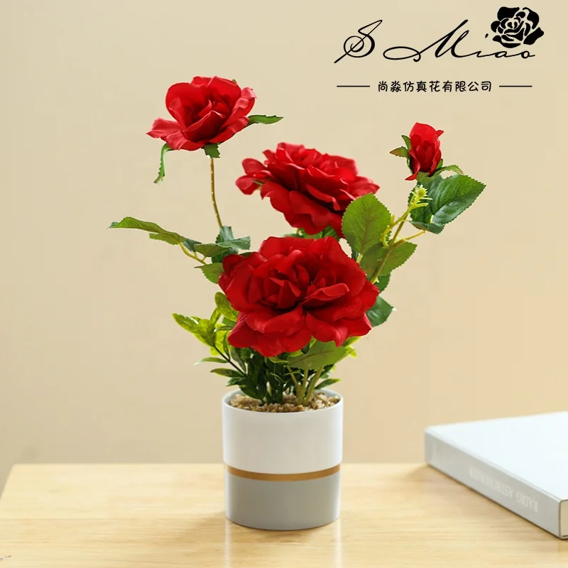 High quality artificial Chinese rose bonsai plastic pot home decoration pot