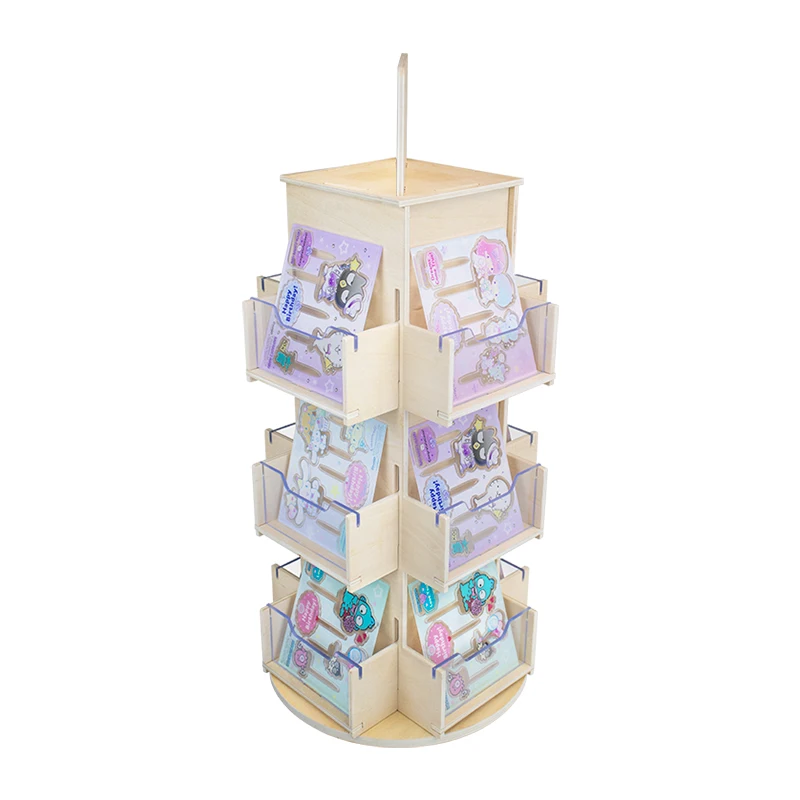 Newest Wooden Stickers Postcard Product Display Stand 3 Tier Rotating Coaster Display Rack For Retail Store