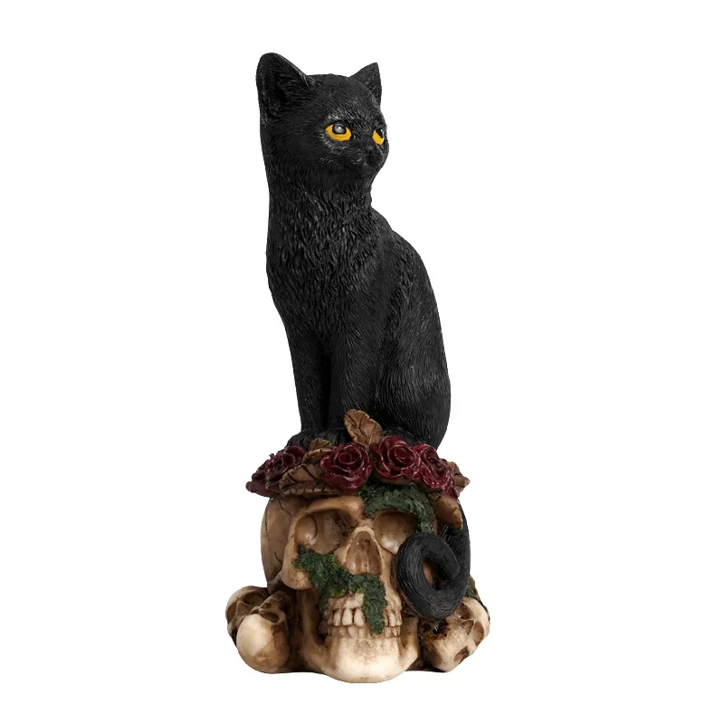 Witchcraft Black Feline Mystical Cat Sitting On skeleton Figurine 3D Cats skeleton Decorative Wicca Macabre Halloween Day