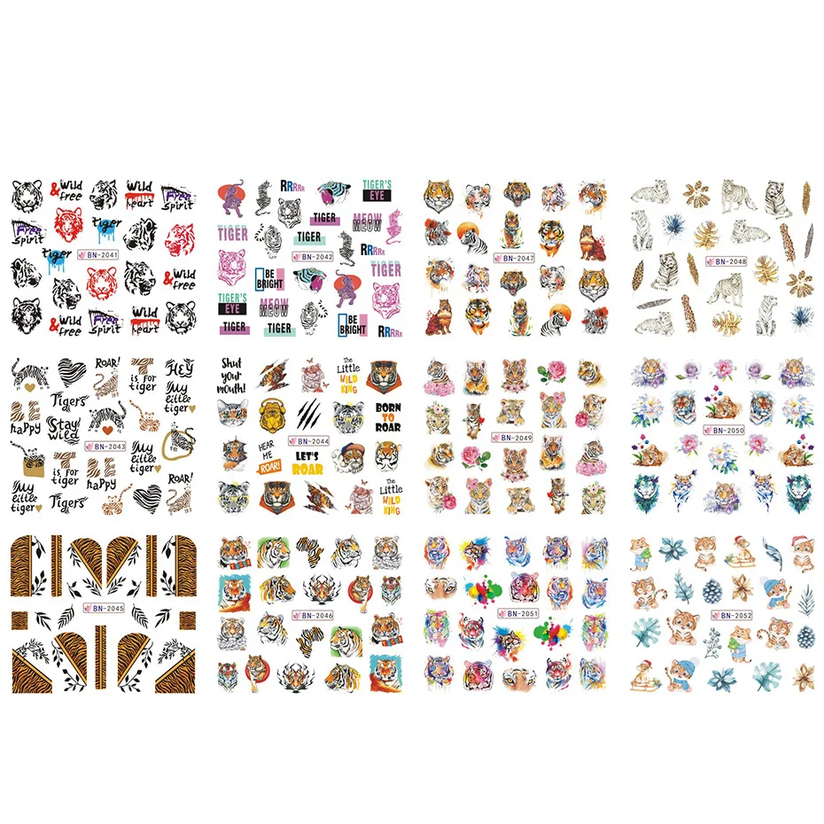 12pcs water sticker Tiger Symbol Nails Water Decals Design Cute Wild Animal Leopard Decoration Manicure Stickers Nail Decors