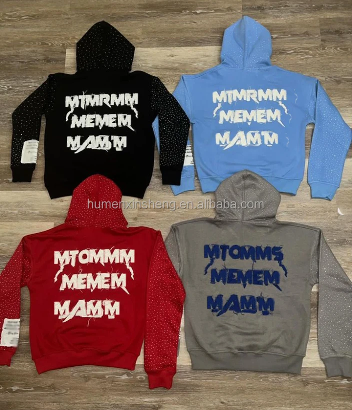 Manufacturers clothing custom distress embroidery 450 500 gsm 100% cotton terry fleece rhinestone cropped hoodie men