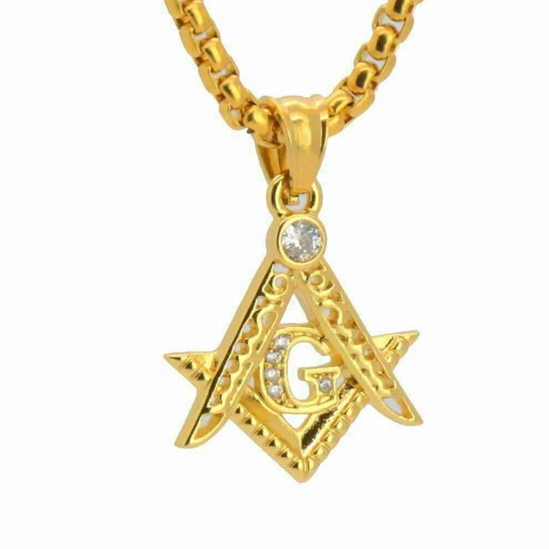 Men Stainless Steel 18K Gold Plated Crystal Masonic Eye Oval Shaped Free Mason Signet Pendant Necklace Jewelry