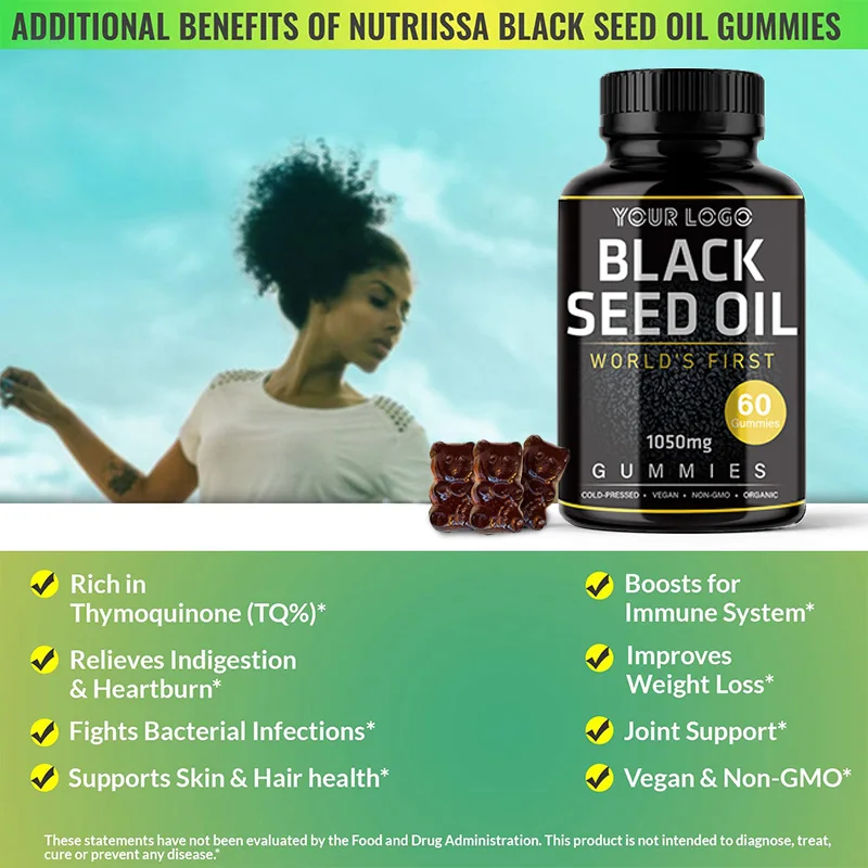 Factory Food Grade Black Seed Oil Gummies 1050mg Made From 100% Cold-Pressed Super 90