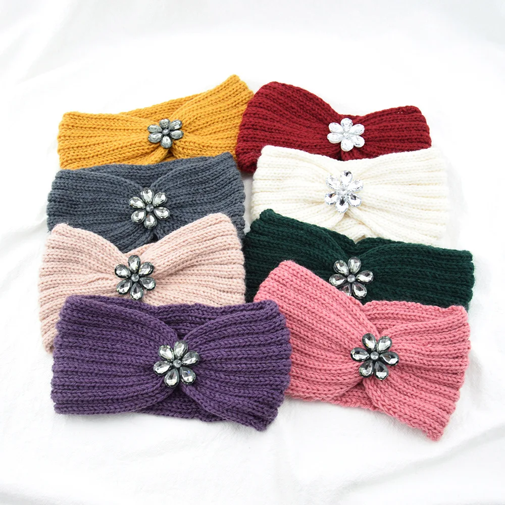 Go Party Winter Wide Brim Elastic Wool Knitted Headbands Knot Diamond Crystal Flower Twist Crochet Hair Band For Women Turban
