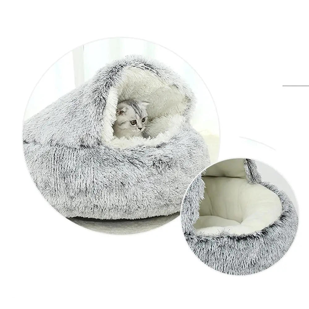 Wholesale High Quality Round Long Plush Winter Warm Shell Semi-Enclosed Pet Bed Closed Cat Sleep Nest Luxury Modern Pet House