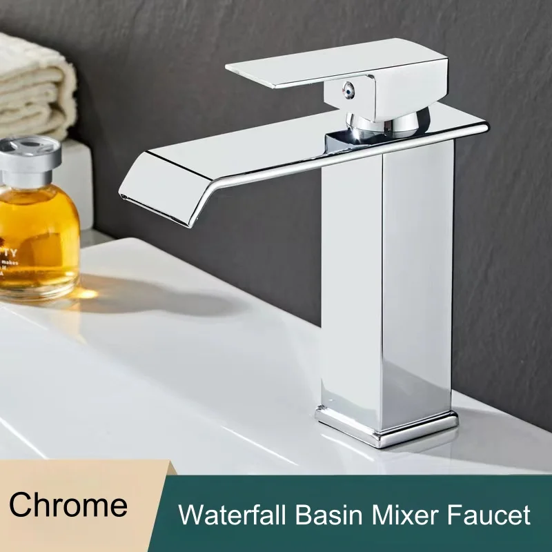 Modern Bathroom Stainless Steel Waterfall Spout Lavatory Faucet Single Handle Square Washbasin Faucet Mixer