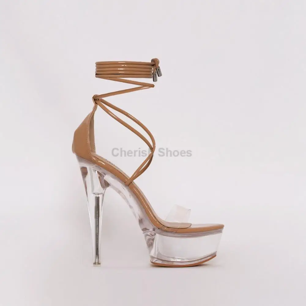 New arrival Sexy ladies patent clear platform heel ankle Sandals lace up pointed toe Transparent stiletto heel Shoes for women