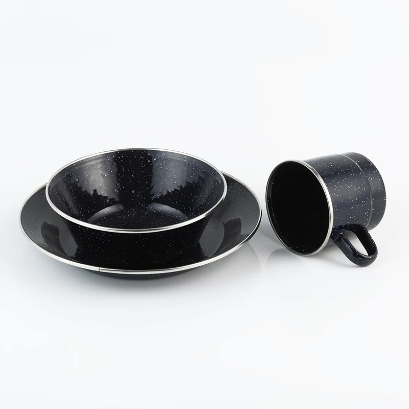 3pcs enamel metal luxury tableware set black color camping cups bowls and plates tableware set