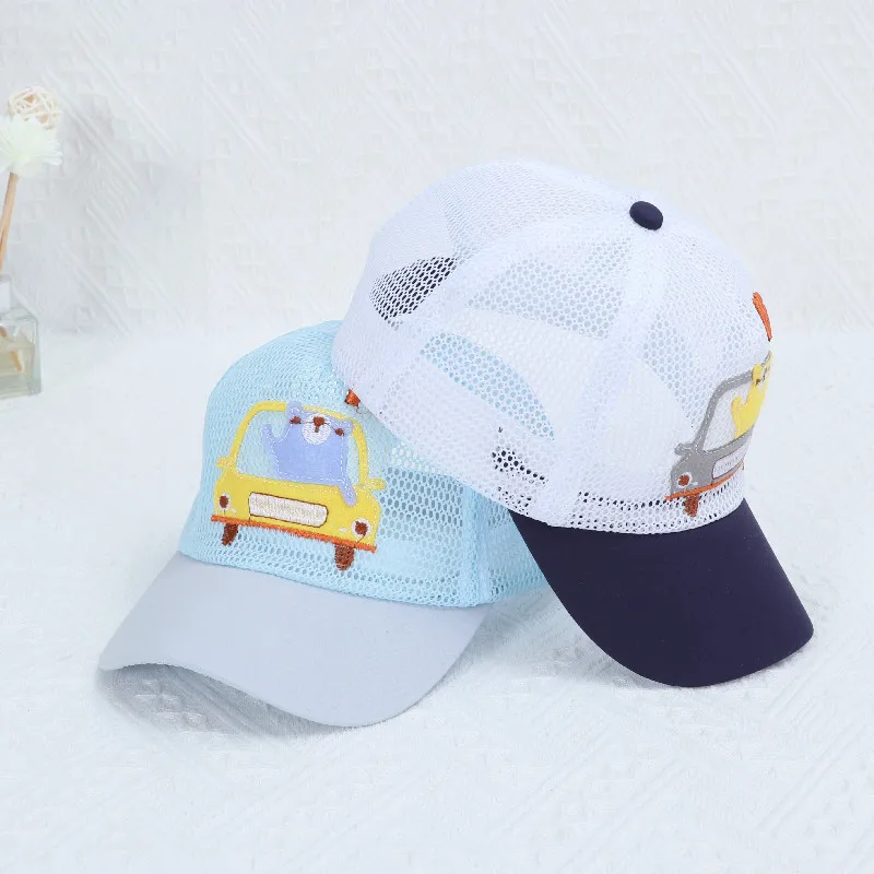 Summer Mesh Breathable Baby Boys Girls Cartoon Car embroidery Sun Hat Outdoor Sun Protection Toddler Baseball Cap