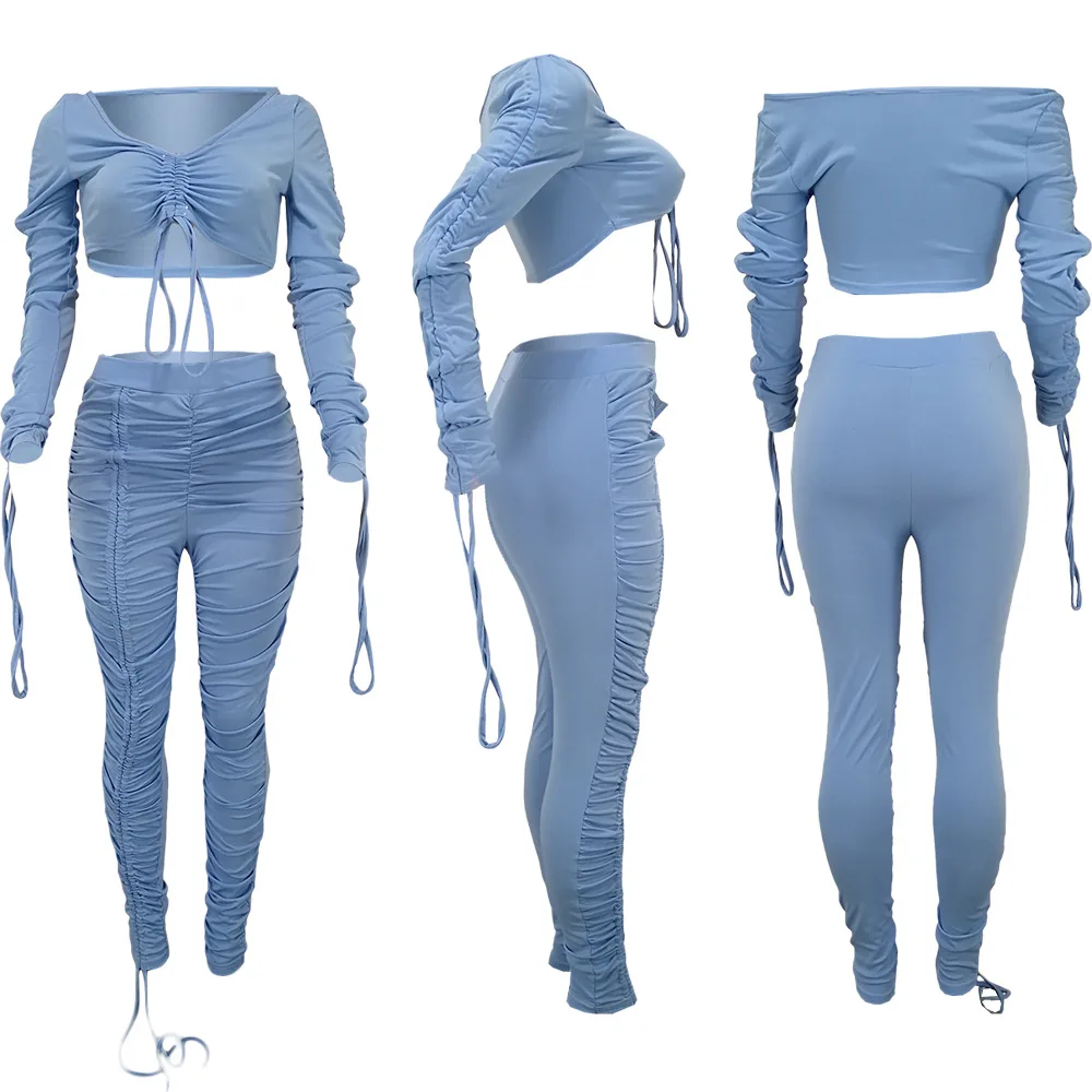 long sleeve solid color stacked two pieces crop top corset sexy women 2 piece set clothing