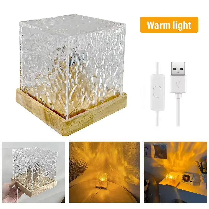 Lonvel Wood Acrylic Material Night Lamp RGB Remote Control Dynamic Rotary Water Wave Home Bedroom Living Room Decor Table Lamp