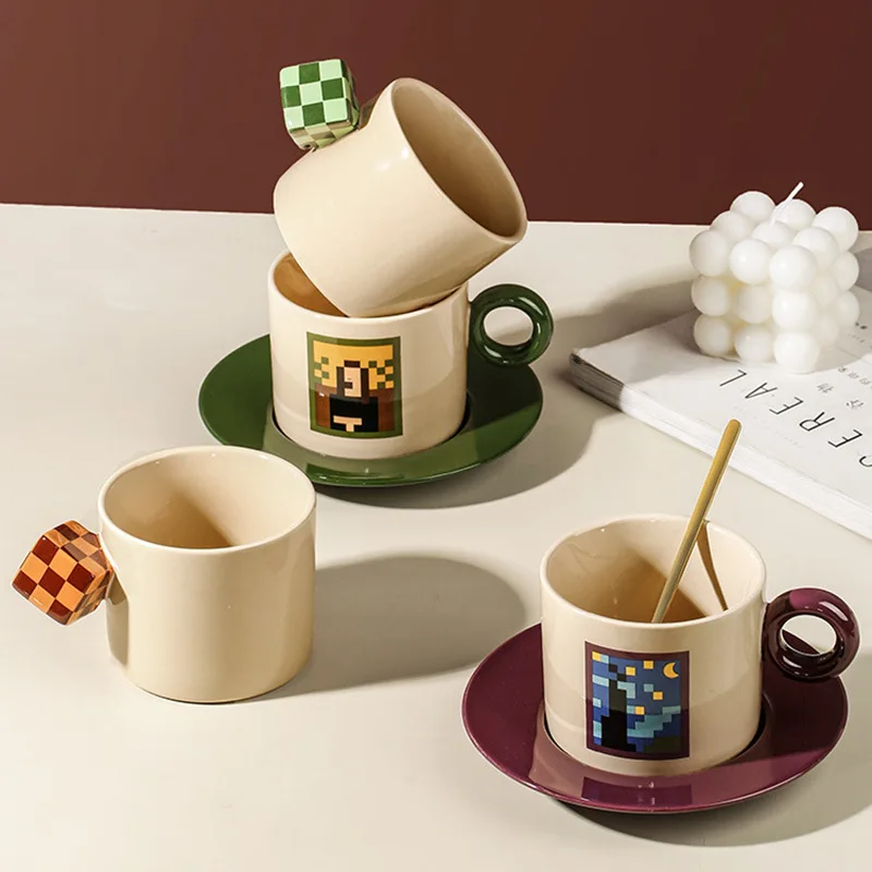 New 250ml Hot Selling Handmade Ceramic Art Cup and Saucer Set Exquisite Pixel Pottery Mug Plates for Gifts