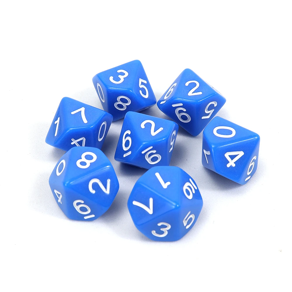 Factory supply d10 polyhedral bright blue dice white number 1 to 10 bulk eco friendly acrylic custom color for casino board game