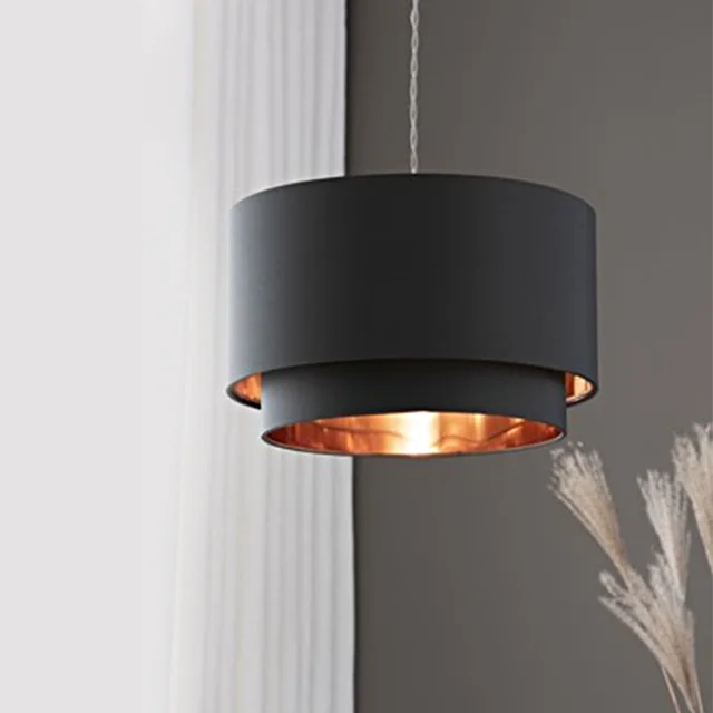 Nordic Grey Drum Two Tier Easy-Fit Lampshade With Copper Inners Pendant Lamp Hanging Light For Dining Room Bedroom Home Decor