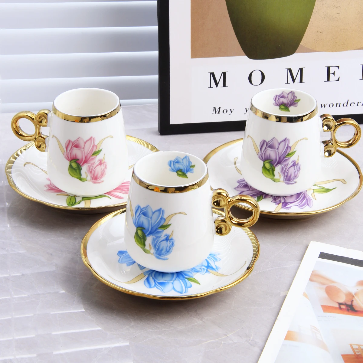6 Cups Saucers Set European Afternoon Tea Cup Gold Circle Handmade Ceramic Coffee and Saucer