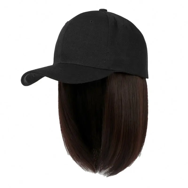 Women Black/brown Bucket Hats with Hair Hat Wig with Straight Hair Synthetic Baseball Cap Hair Wigs Adjustable for Girl