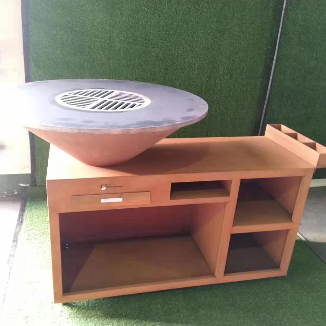 fire wooded corten steel BBQ charcoal grill with wood storage
