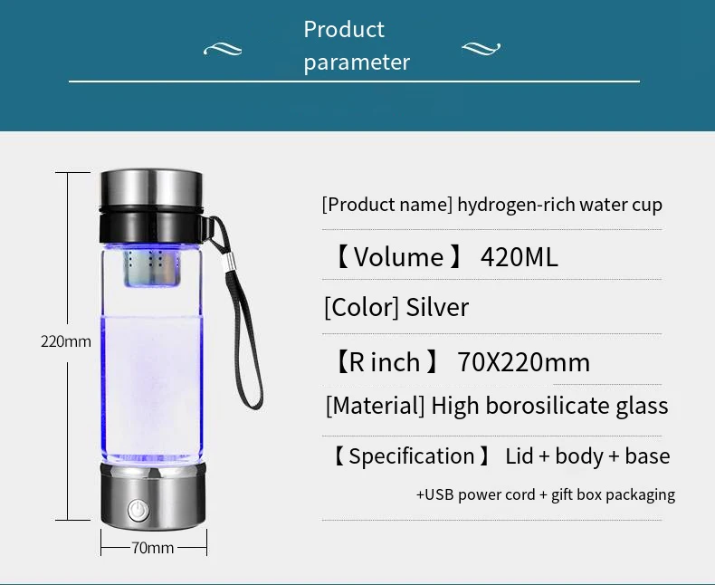 Portable Hydrogen Water Generator Bottle with SPE and PEM Technology, 420ML Rechargeable Hydrogen Water Ionizer Machine