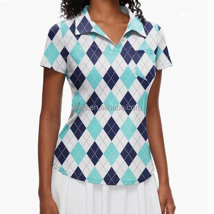 RG-Plaid design pattern short sleeve check polo t-shirt women 88 polyester 12 elastane polo t shirt with embroidery logo