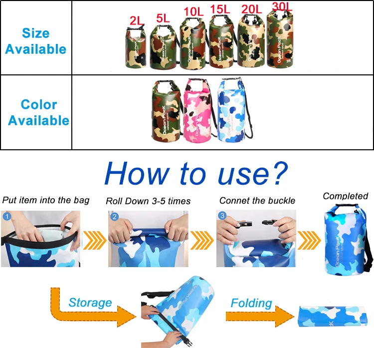 Custom Logo 2L 5L 10L 15L 20L 25L  PVC Waterproof Swimsuit Backpack Phone Swimming Beach Sport Outdoor Camo Dry Bag