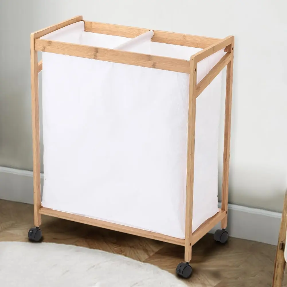 Bamboo Saving Dirty Laundry Basket with White Fabric and 4  Swivel Wheels,  Slim Laundry Bag
