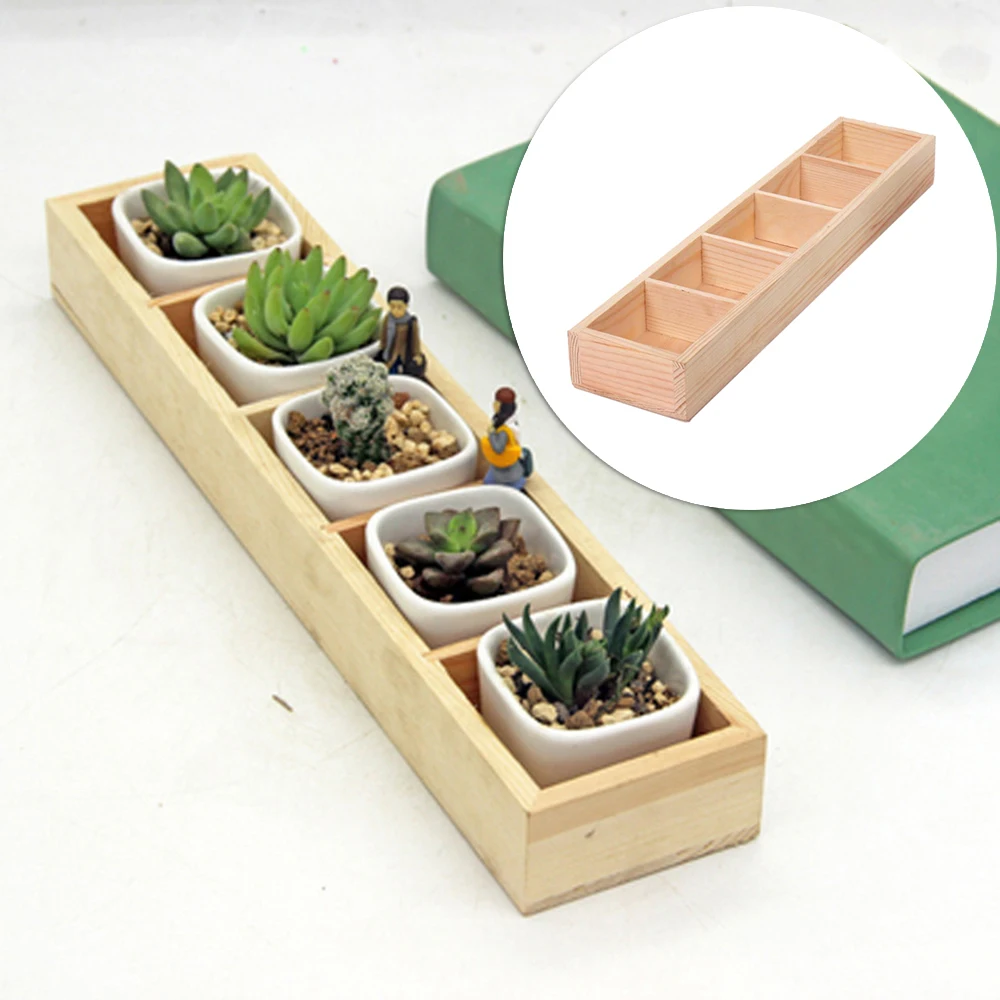 5 Grids Planter Flower Pot Succulent Planting Wood Box Tray Rectangle Container Small Flowerpot