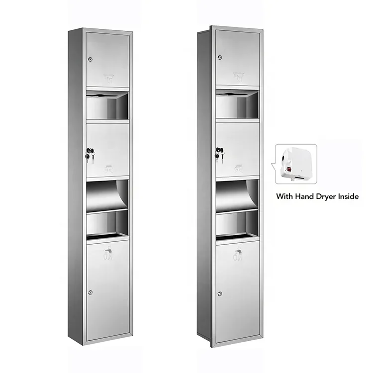 Commercial SUS304 stainless steel recessed wall mount combination waste bin and toilet hand paper towel dispenser