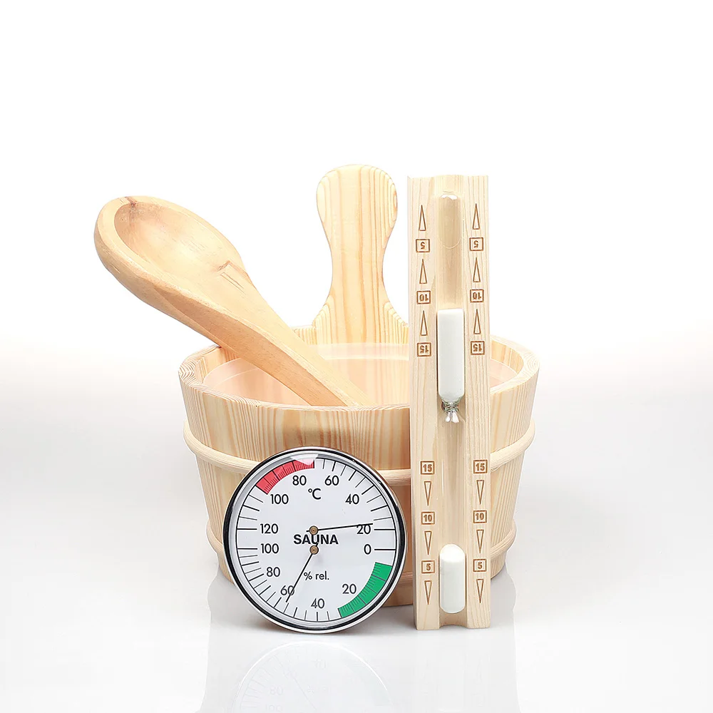 Sauna Accessories Liner Pine Wooden Bucket Set, Wooden Spoon and Plastic 6L White Sauna Rooms Dry Steam Computer Control Panel