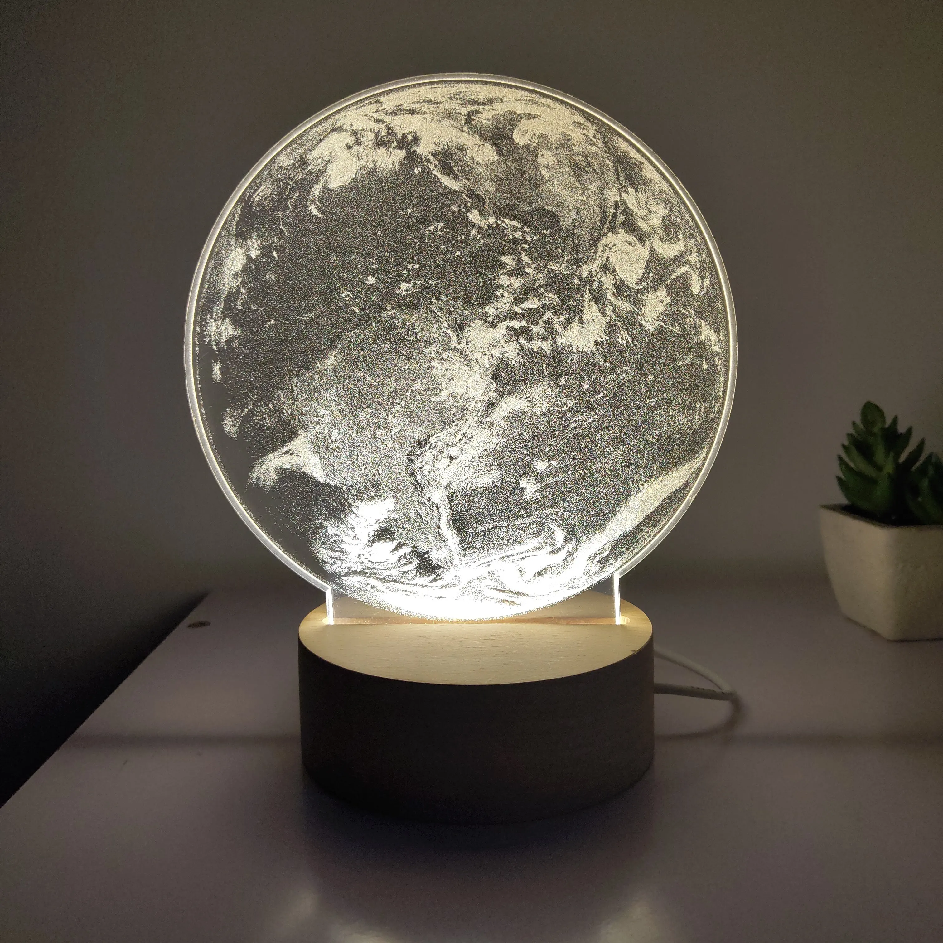 Best-selling christmas  wooden base acrylic sheet Earth pattern USB cable Bedroom Living room party 3D acrylic night light