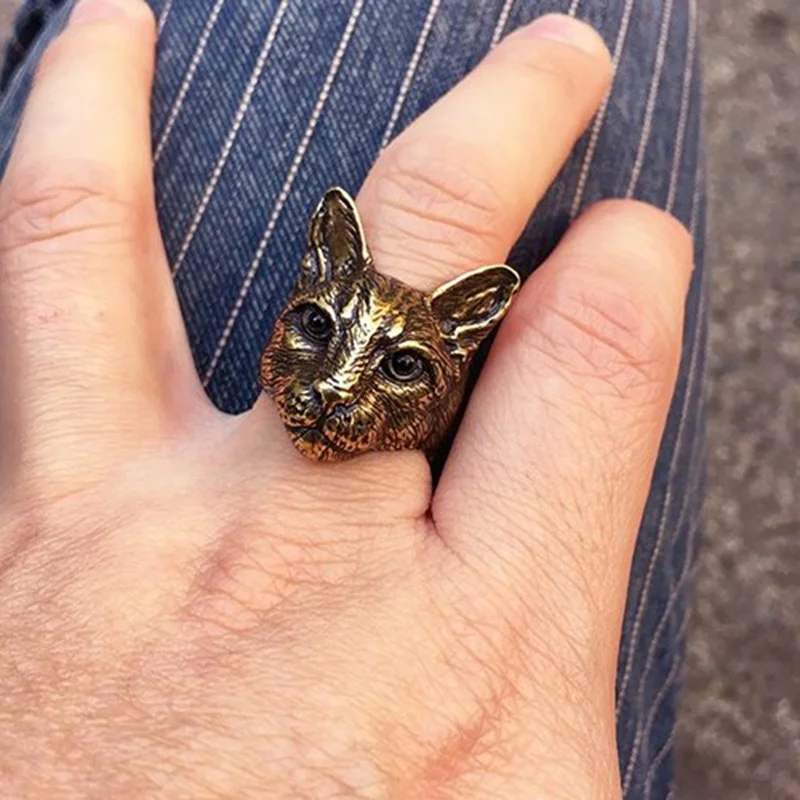 
New Trendy Personalized Cute Adjustable Big Head Cat Ring Silver Black Color Plated Men Fashion Animal Cat Rings Women Jewellery 