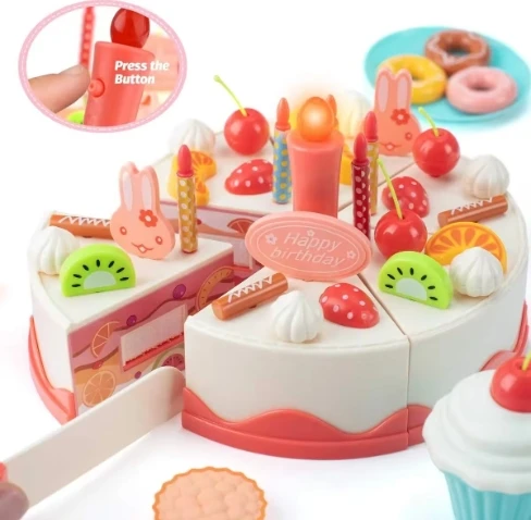 Hot Selling 82 Pcs Birthday Cake Toy Pretend Play Food Cutting Decorating Cake Role Play House Toy Tea Party With Music Light
