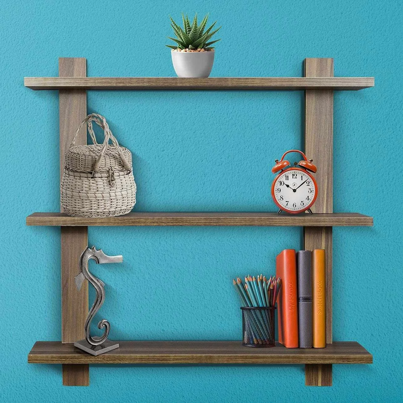 3 Tier Walnut Floating Shelf Asymmetric Square Wall Shelf Decorative Hanging Display Wall Mounted Hanging Shelf