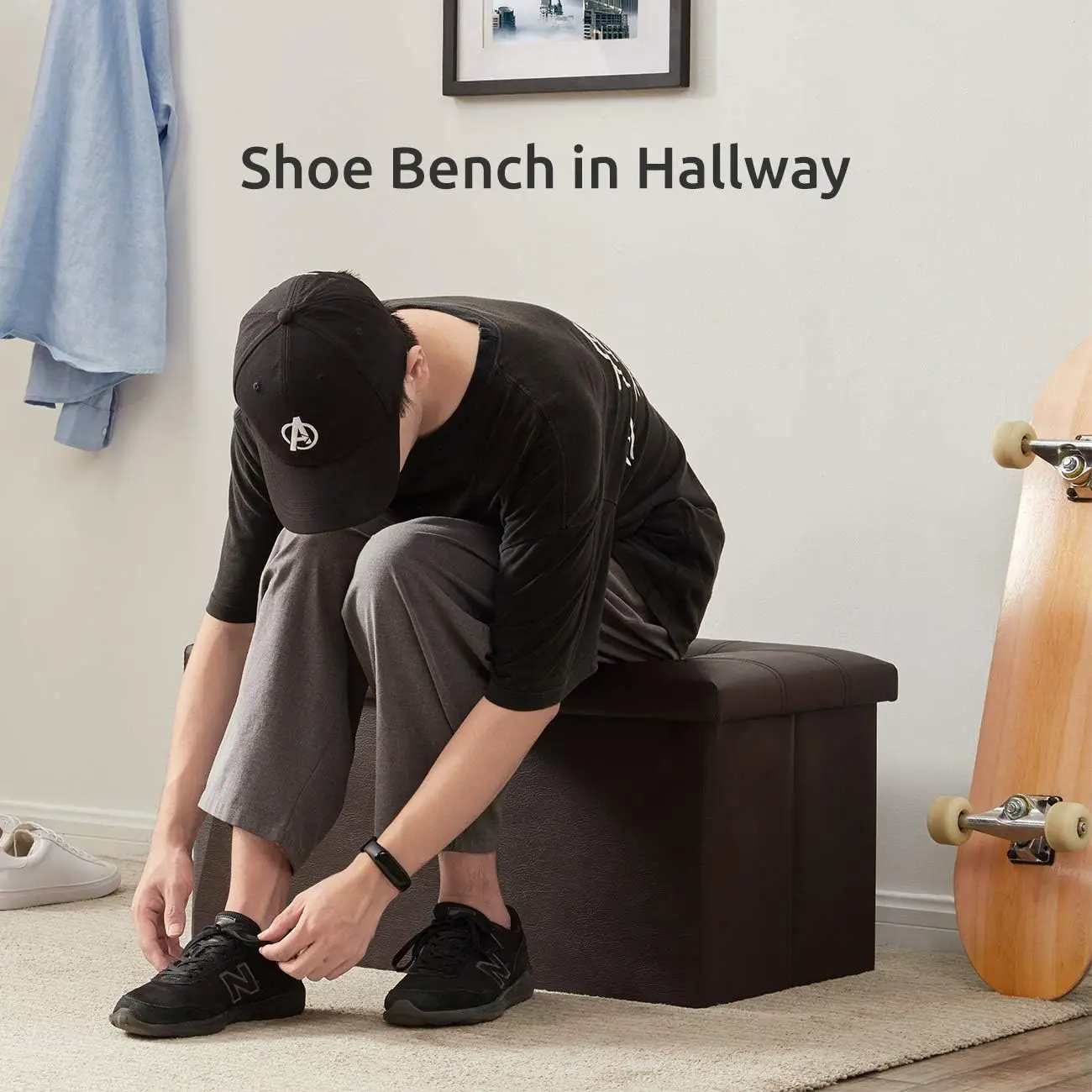 Support 350 lbs Faux Leather Brown Footrest 80L Storage Bench 30 inches Folding Storage Ottoman for Bedroom and Hallway