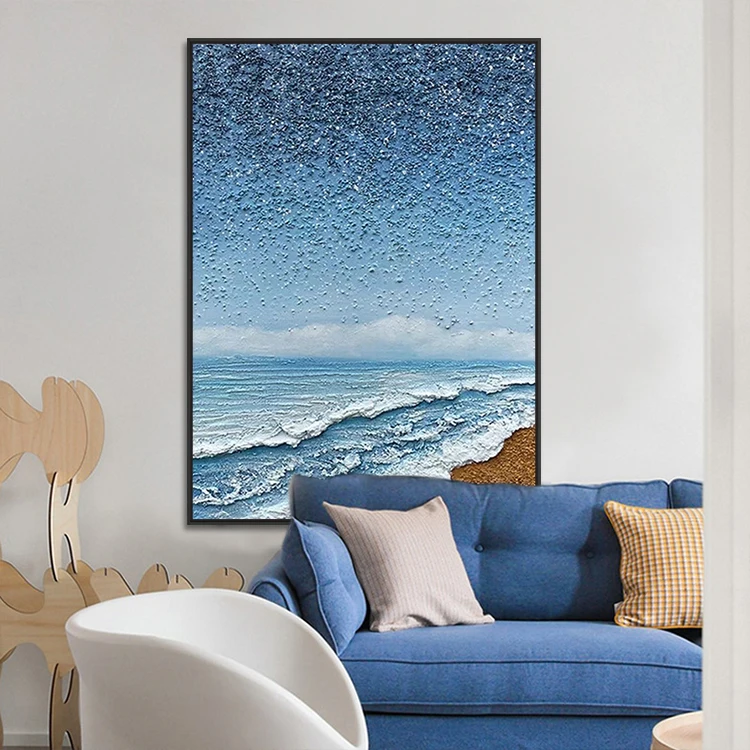Modern Canvas Artwork Handmade Blue Seascape Painting Acrylic Wall Art Home Decoration