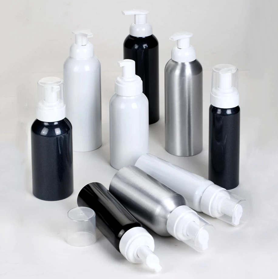 Empty 200ml Cosmetic Spray Bottle Shampoo Shower Gel  Metal Packaging Bottle 250ml Aluminum Hand Soap Bottle With Foam Pump