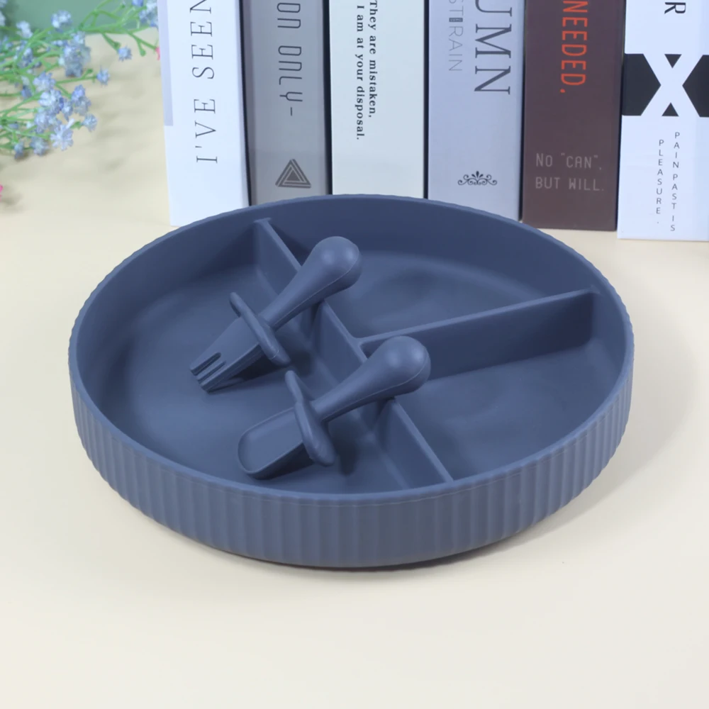 Solid divided baby dinner plates tableware silicone suction plate with mini spoon and fork