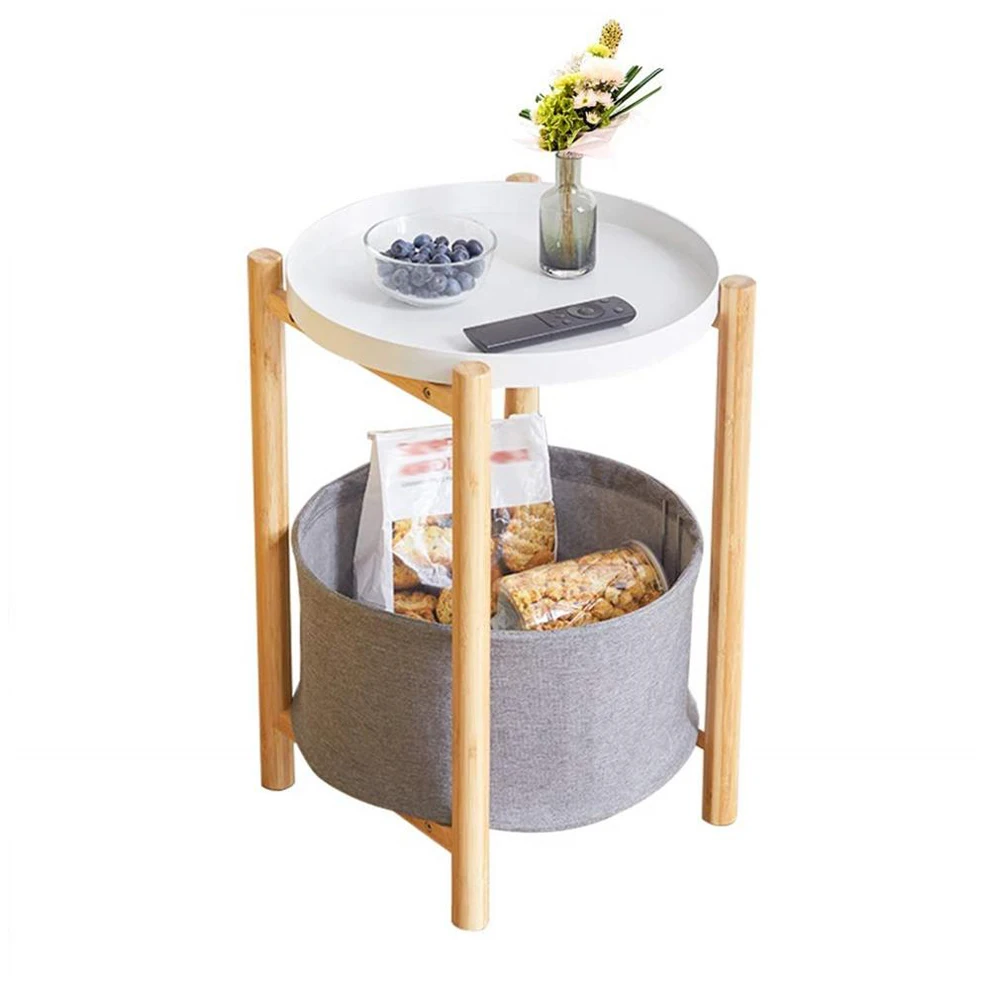 Bamboo 2-layer Coffee Table Folded adjustable Round Coffee Side Table With Storage Basket