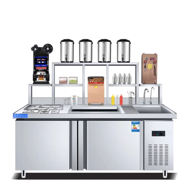 Professional bubble tea equipment custom milk tea counter with refrigerated work station use for milk tea shop counter design