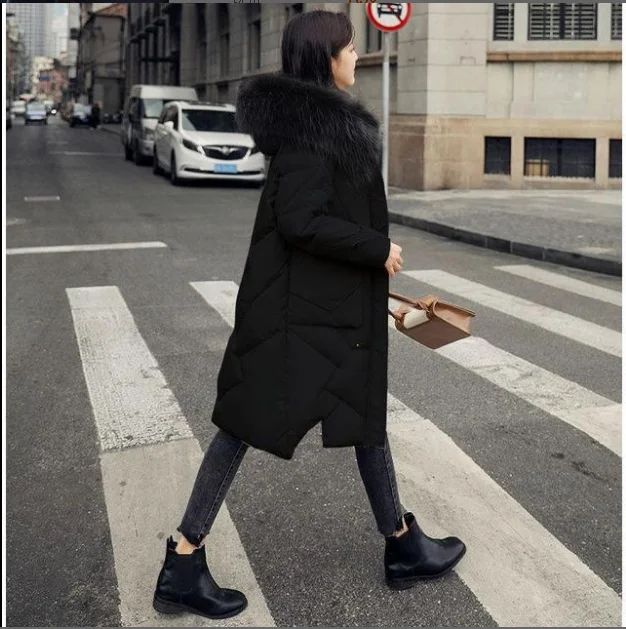 White duck down jacket female 2021 new winter Korean version of the knee large fur collar long thick small jacket