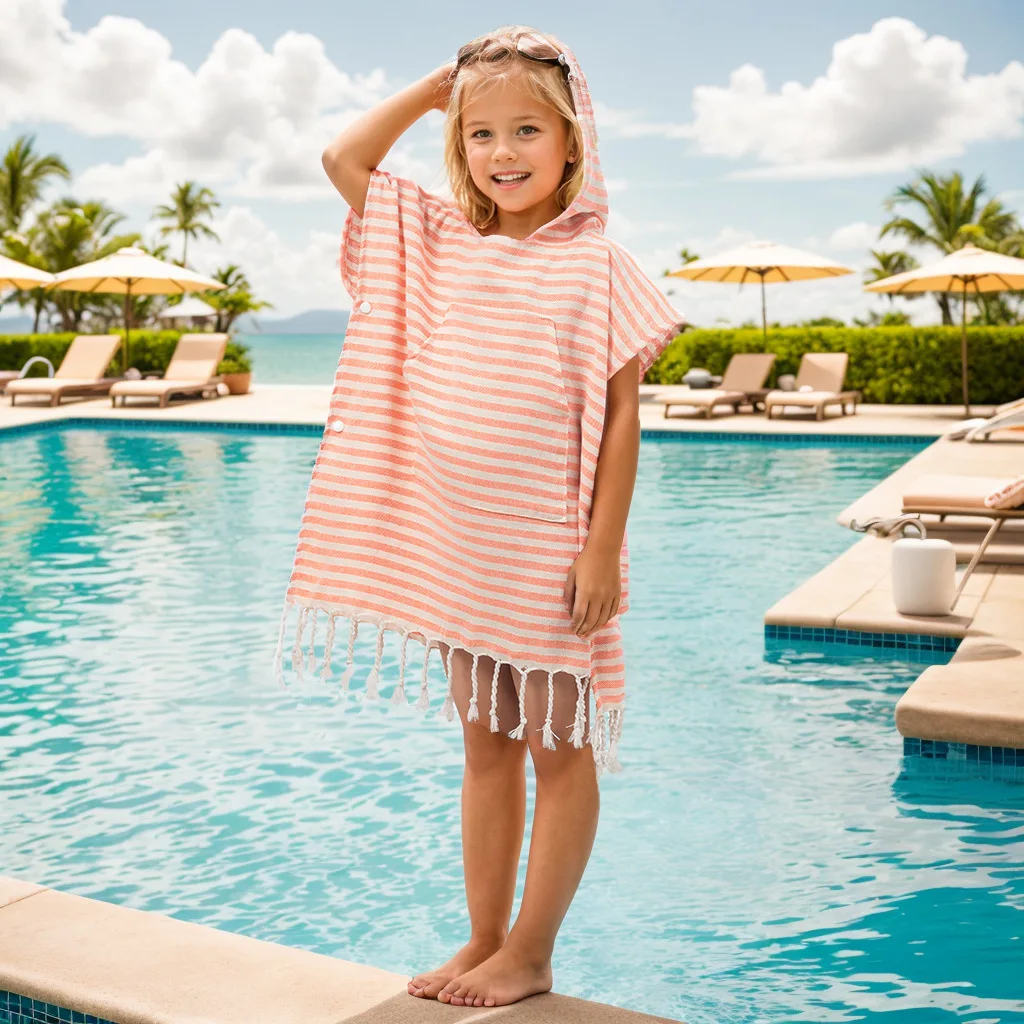 Cotto Custom Logo Surf Turkish Hooded Poncho Beach Towels With Tassel for Kids Hooded Beach Towel