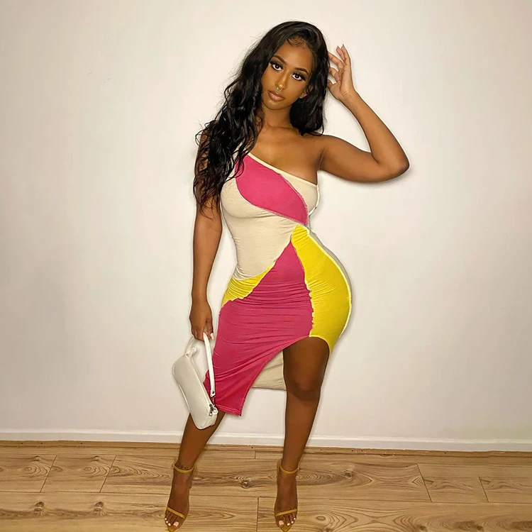 
Inclined One Shoulder Color Block Slit Sleeveless Knee Length Dress Bodycon Irregular Party Wear Night Club Dresses Fashion -YS 