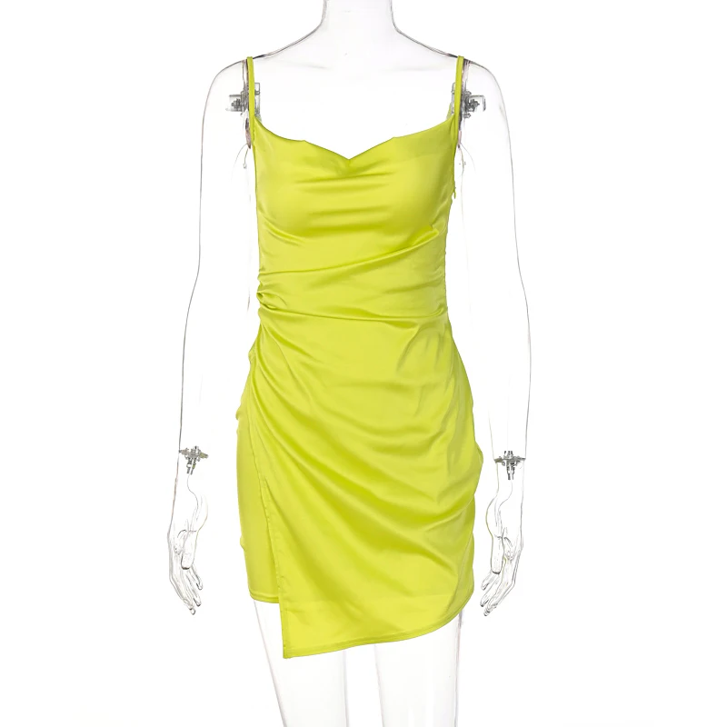 Lagerfe Neon Satin Thin Strap Wrap Mini Dress Women Sleeveless Sexy Party Club Apparel 2021 Summer Casual New Fashion Clothes