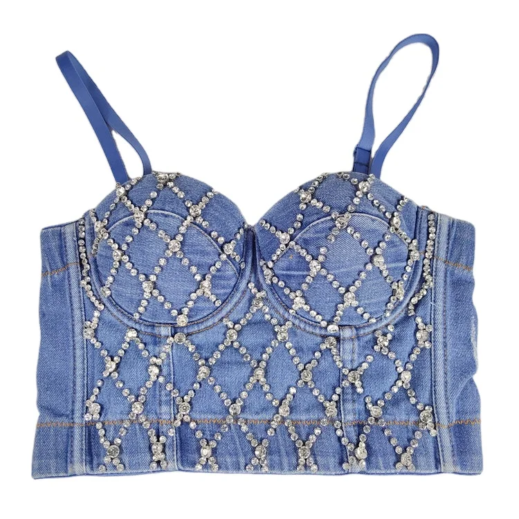 2020 Индивидуальный Женский сексуальный топ с вышивкой-джинсовый синий джинсовый корсет со стразами