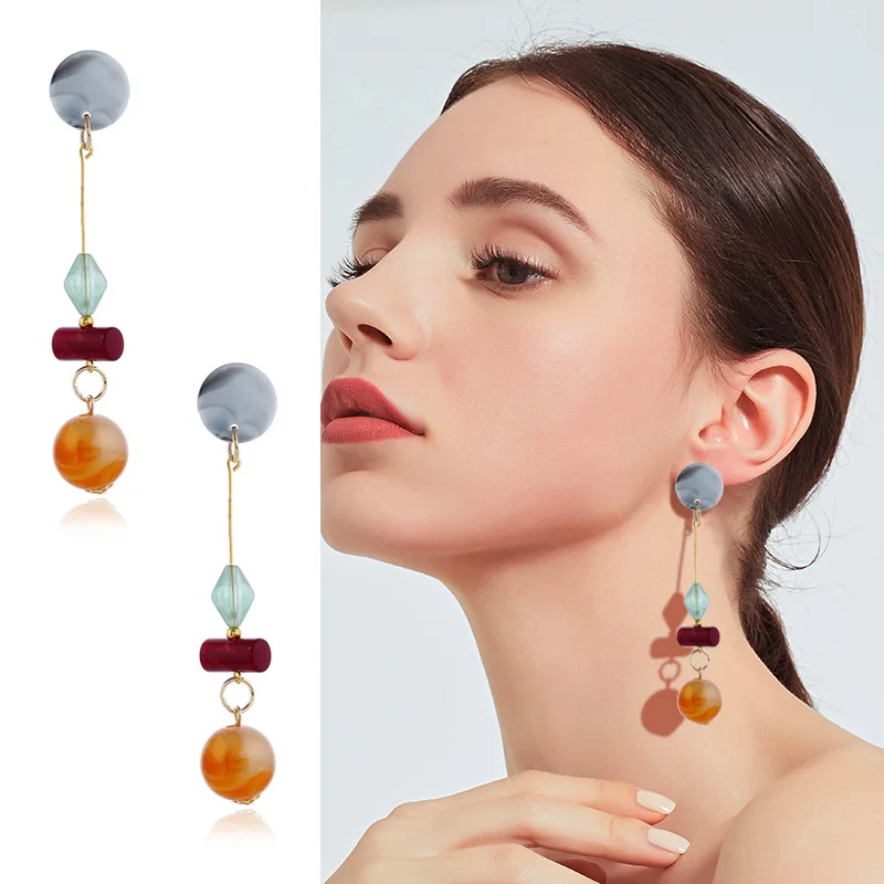 Korea Dongdaemun New Hit Color Acrylic Wood Earrings Fashion Retro Long Amber Ball Earrings