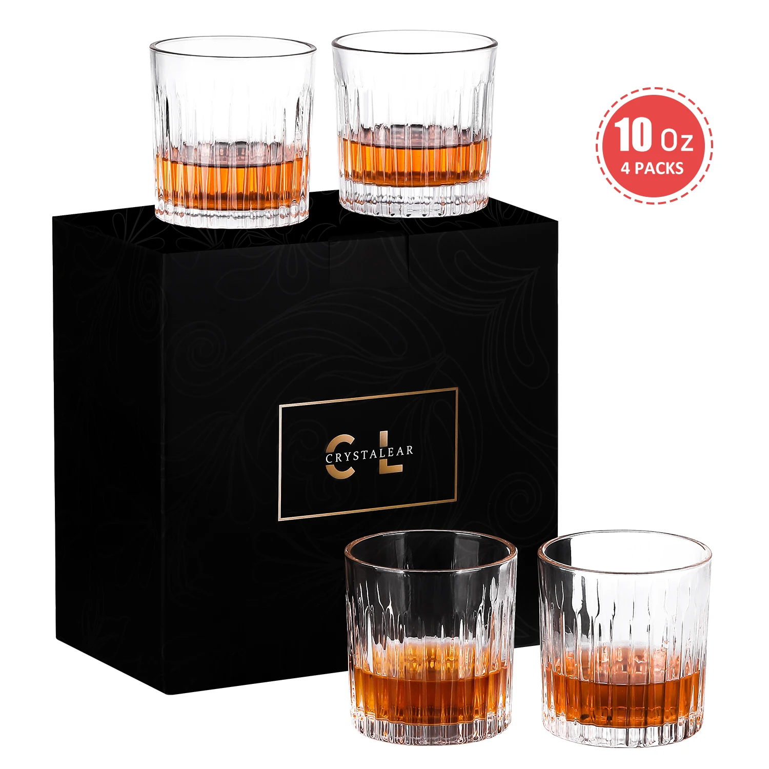 Old Fashioned Whiskey Glasses with Luxury Box - 10 Oz Rocks Barware For Scotch Cocktail Drinks - Set of 4 - Men Gift